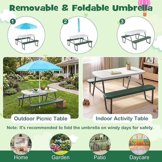 KOTEK Kids Picnic Table with Umbrella, Toddler Outdoor Table and Bench Set, Easy to Clean, HDPE Top & Metal Frame, 660LBS Capacity, Kids Patio Furniture for Backyard Park Garden (Green)