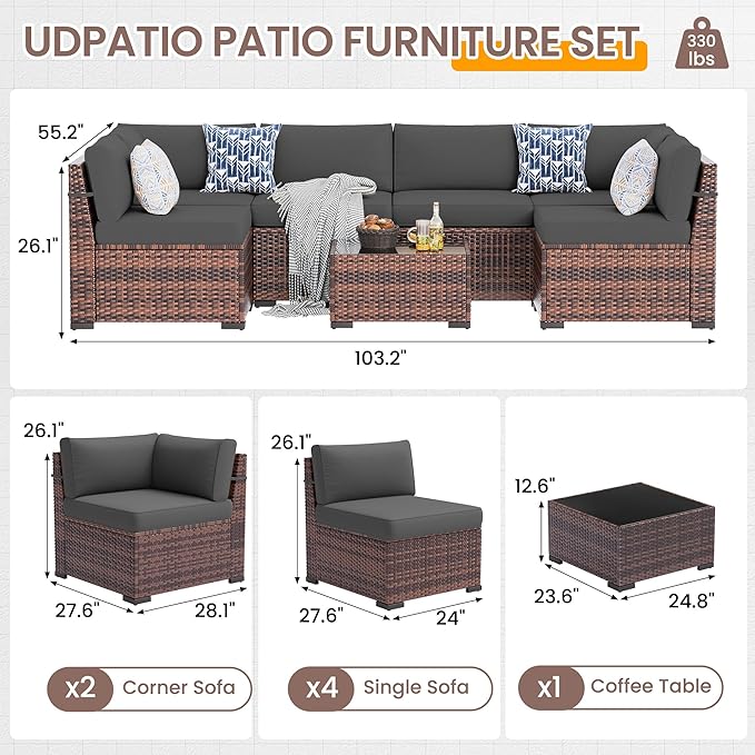 UDPATIO Patio Furniture Set,7 Pieces Outdoor Rattan Sectional Set,Modular Slanted Back Patio Conversation Set Heavy Duty Wicker Sofa for Backyard, Deck W/Coffee Table,4'' Thick Cushions,Cover,Grey