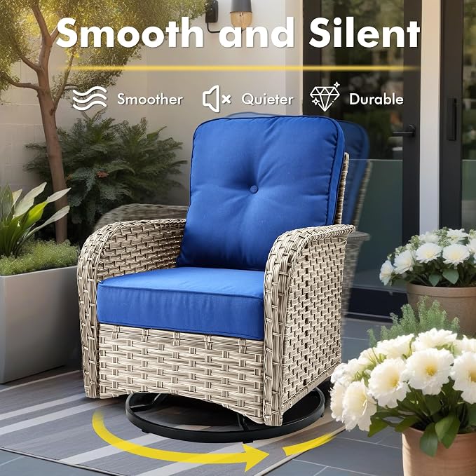 CAODOC 9-Piece Outdoor Sectional Sofa Set w/ 42" Fire Pit – L-Shaped Wicker Patio Furniture, Deep Seating & Swivel Rockers,Blue
