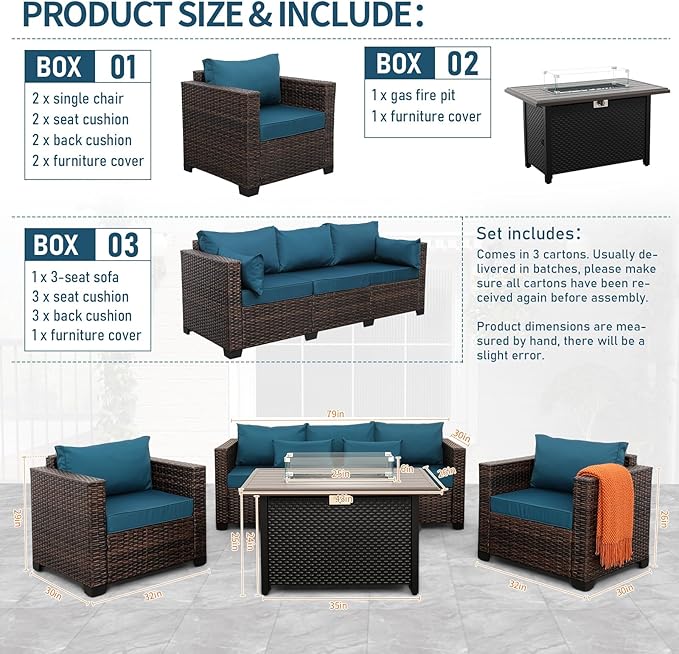 4 Pieces Outdoor Patio Furniture Set 43 In Outdoor Fire Pits Wicker Outdoor Furniture Chairs and Sofa 60000 BTU Outdoor Propane Fire Pit Table Non-Slip Cushions and Waterproof Covers, Peacock Blue