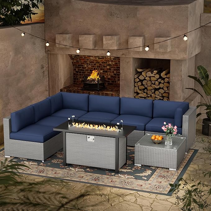 Oakcloud 8-Piece Outdoor Patio Furniture Sofa Set with 45” Propane Gas Fire Pit Table, Grey Rattan Wicker Sectional Conversation Sets with Glass Top Tables and Cushions(Dark Blue, w/Fire Pit Table)