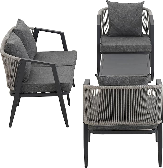 Montary 4-Piece Outdoor Patio Furniture Set, U-Shaped Iron-Frame Conversation Set with Weather-Resistant Cushions & Metal Coffee Table - Durable for Garden, Backyard, Balcony, Poolside (Gray)