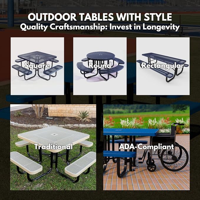COATEDOUTDOORFURNITURE Heavy-Duty Portable Outdoor Picnic Table with Umbrella Hole, Punched Steel Commercial-Grade Patio Dining Furniture Made in America (46" Square Top, Textured Gold Vein)