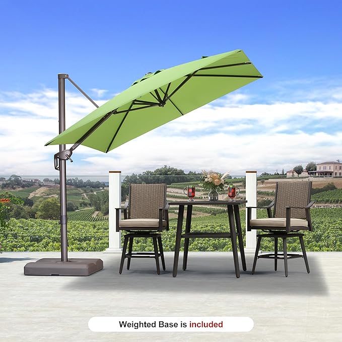 PURPLE LEAF 8' X 8' Cantilever Patio Umbrella with Base Included Antique Bronze Square Umbrella with 360° Rotation and Aluminum Offset Hanging Outdoor Umbrella for Pool Garden Backyard Deck, Green