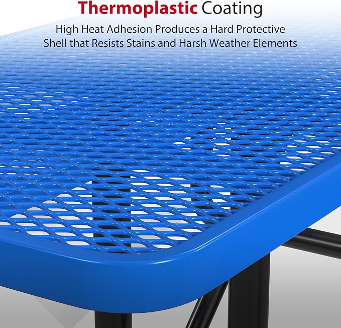 Leisure Craft Metal Picnic Table with Bench - 8 ft Rectangle Outdoor Dining Table with Umbrella Hole, Heavy Duty Thermoplastic Coating, ADA Compliant, Commercial Grade Furniture Made in USA - Blue