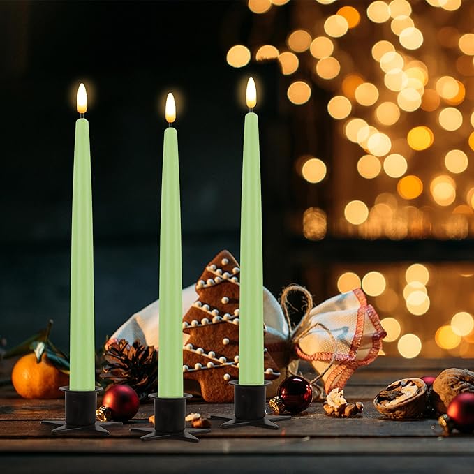CVHOMEDECO. Flameless Taper Candles with 10-Key Remote, Battery Operated Led Flickering 3D Wick Window Candles Real Wax Finished Home Christmas Party Decor 0.78 x 11 Inch, Pack of 3, Light Green
