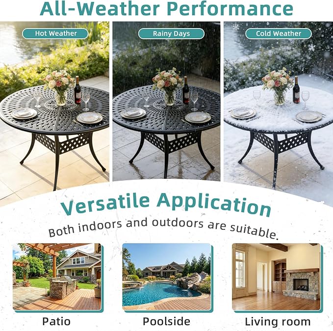 MEETWARM 61" Round Cast Aluminum Patio Dining Table, Weather-Resistant Large Outdoor Dining Table for 8 Person, Patio Furniture Table with Umbrella Hole and Adjustable Foot Pads, Dark Bronze