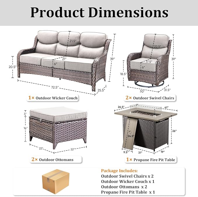 Luxury Patio Furniture Set with 42.5" Fire Pit Table, 6 Pieces High Back All Weather Wicker Outdoor Furniture w/ 6-Inch Thick Cushions, Patio Swivel Chairs Couch for Deck Balcony Backyard Brown/Beige