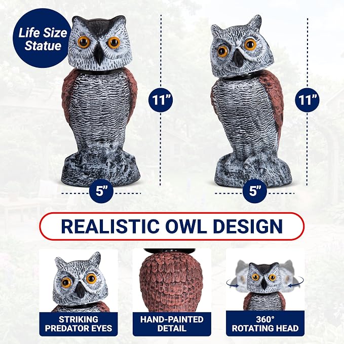 Arrigo Fake Owl Decoys to Scare Birds Away – 2pc Wind-Driven Rotating Head – Plastic Owl Statue Scarecrows – Realistic Deterrent for Critters & Squirrels - Garden, Patio, Boats, and Yard Decor