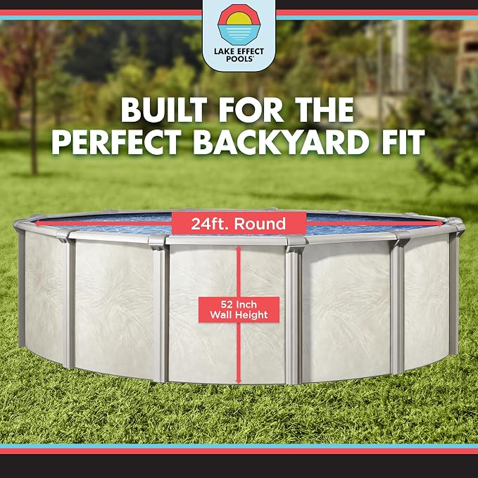 Lake Effect Pools 'Fallston' 24 ft Round Above Ground Swimming Pool | 52 Inch Steel Side Walls | Kit Includes: 25 Gauge Overlap Liner & Widemouth Skimmer