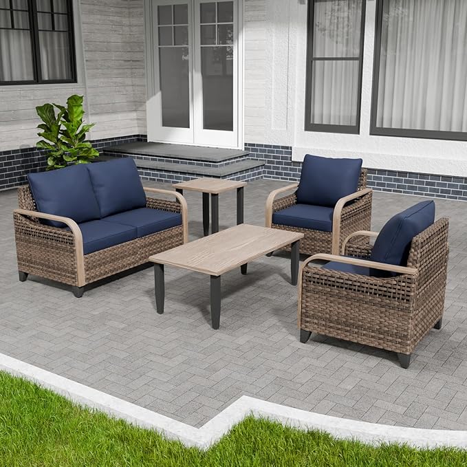 Modern Wicker Patio Furniture Set, Rattan Outdoor Conversation Set with Comfortable Cushions, 2 Patio Chairs, 2 Seat Loveseat, Coffee Table and Side Table, 5 Pieces, Brown/Blue