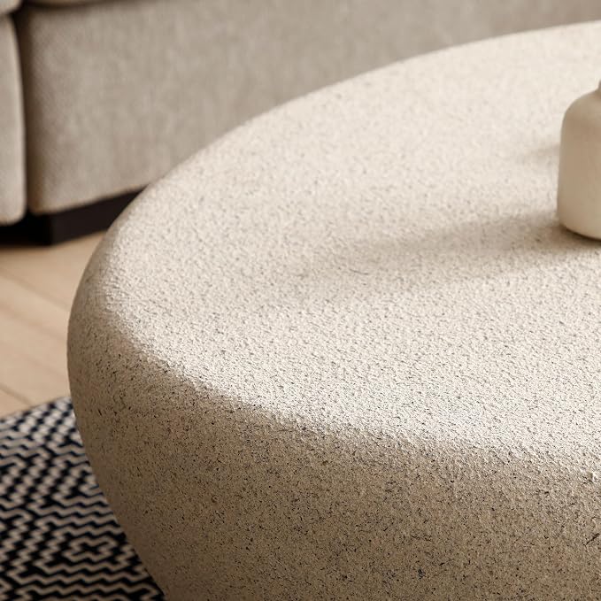 43.3" Faux Stone Coffee Table Modern Unique Coffee Table Oval Center Tables Round Edge Design Fiberglass Oval Accent Tables for Living Room Office Apartment No Assembly, Cream White