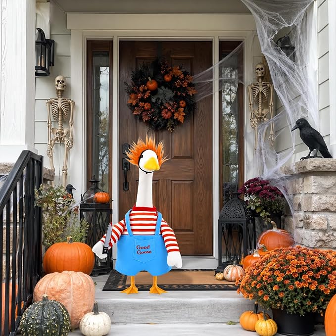 Halloween Goose Outfit Scary Porch Goose Costumes for Outdoor Decor | for 23''H Plastic/Cement Statues, Halloween Geese Jumpsuit Overalls Clothes Lawn Patio Yard Decorations