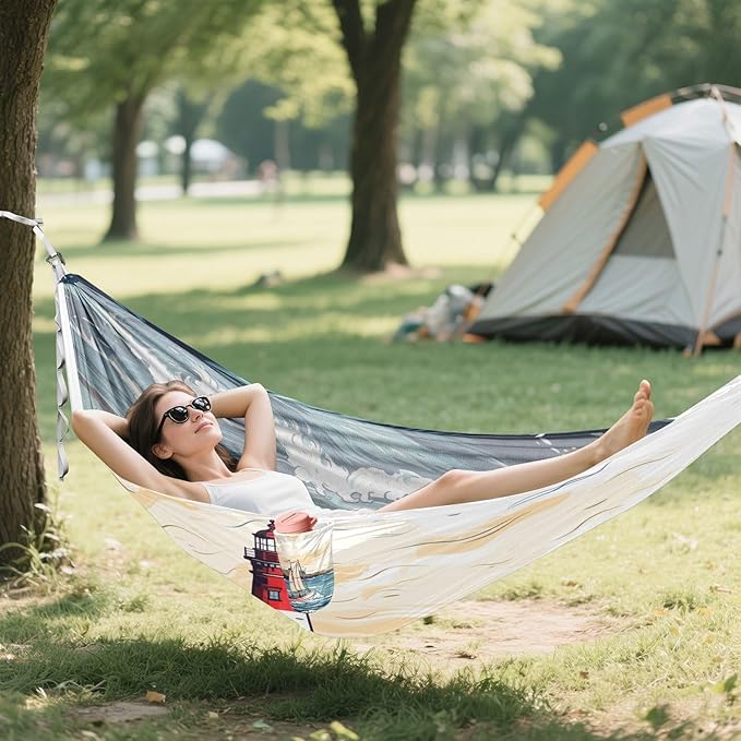 Portable Single Hammock Sailboat in The Sea Wave and Lighthouse Garden Yard Outdoor Hammocks
