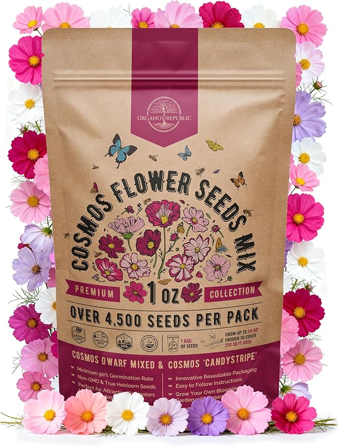 Cosmos Flower Seeds Pack 1 oz - 4,500 Non-GMO Heirloom Annual Seeds for Planting Indoor & Outdoor Gardening, Flower Seed for Garden in Resealable Packet, Floral Mix for Pollinators Perennial Mix