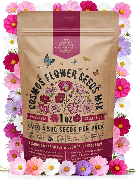 Cosmos Flower Seeds Pack 1 oz - 4,500 Non-GMO Heirloom Annual Seeds for Planting Indoor & Outdoor Gardening, Flower Seed for Garden in Resealable Packet, Floral Mix for Pollinators Perennial Mix