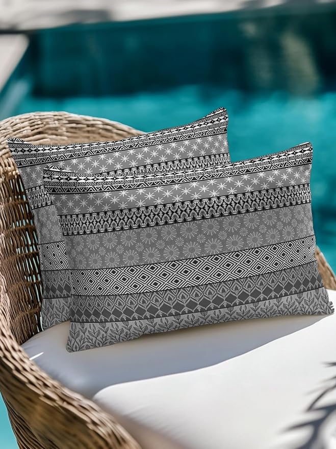Waterproof Outdoor Pillow 1 Pack Grey Bohemian Decorative Throw Pillows Cover & Insert 20x12 Inch Lumbar Pillowcase Boho Style Floral Leaves Geometric Pillows for Couch Sofa Bed Patio Furniture