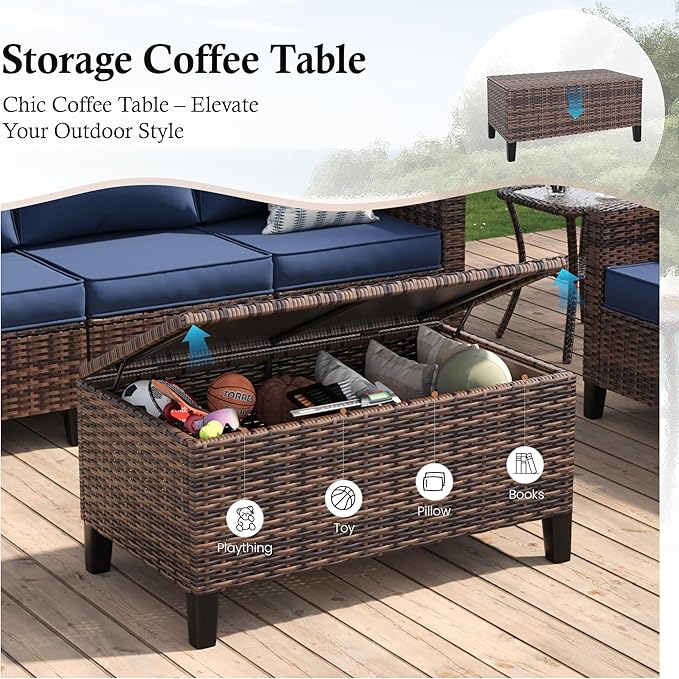 Amopatio Patio Furniture Set, 5-Piece Wicker Outdoor Sectional Sofa with Swivel Rocker Chairs, Rattan Conversation Set with Storage Coffee Table and Waterproof Cover for Backyard Brown/Navy