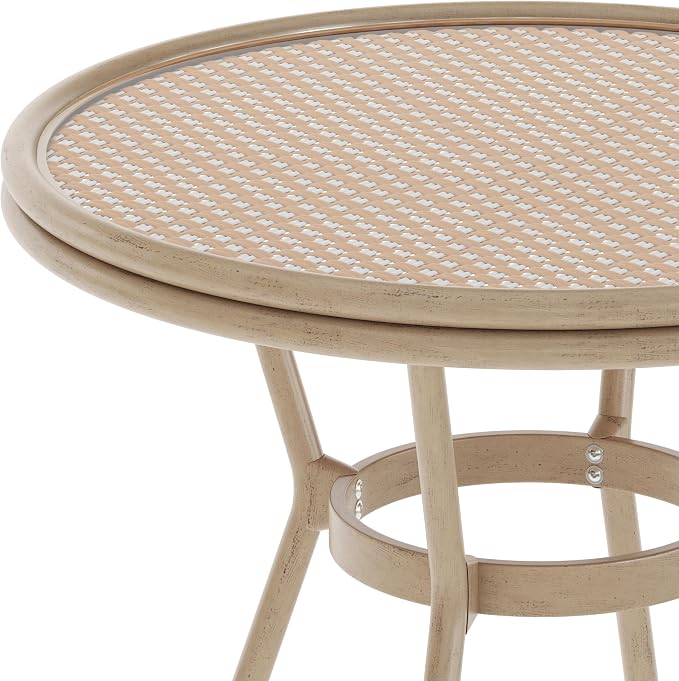 BizChair Indoor/Outdoor Commercial Bistro 31.5" Table, Natural/White PE Rattan, Glass Top, Bamboo Print Aluminum Frame in Light Natural