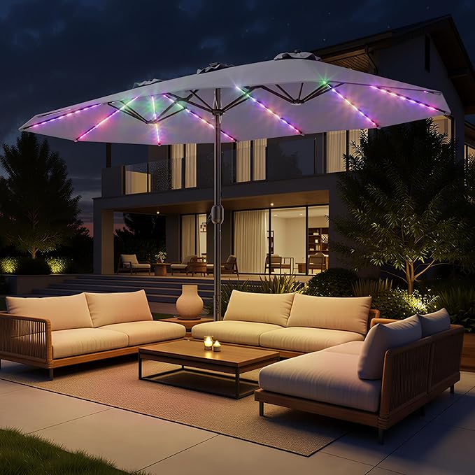 HOMSHADE Double Sided Patio Umbrellas with Base - 15ft RGB Multi-Color Flowing LED Lights Outdoor Extra Large Market Table Umbrella w/Stand, Oversized Umbrella for Deck, Pool, Backyard, Grey