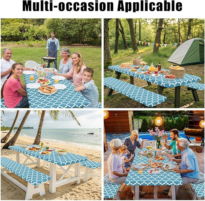 Smiry Picnic Table Cover with Bench Covers, Waterproof Elastic Fitted Tablecloth for 6 Foot Tables, Washable Polyester Tablecloths for Camping, Indoor & Outdoor (Light Blue, 30x72 Inch 3-pc Set)