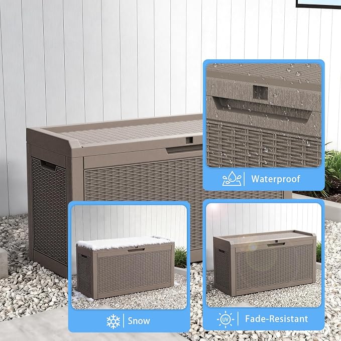 75 Gallon Outdoor Deck Storage Box, Weather Resistant Rattan Style Lockable Storage Container for Patio, Poolside & Backyard Large Space Organization (Grey, 75GAL)