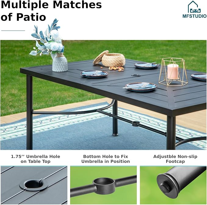 MFSTUDIO 7-Piece Patio Dining Set, 64" Metal Table, Swivel Chairs, Seats 6 | Umbrella Hole