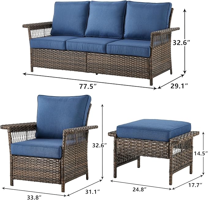 Outdoor Wicker Patio Furniture Set - 5 Piece Rattan Patio Conversation Sets with 2 Wicker Chairs,2 Ottomans and 1 Sofa for Porch Deck Garden(Brown/Blue)