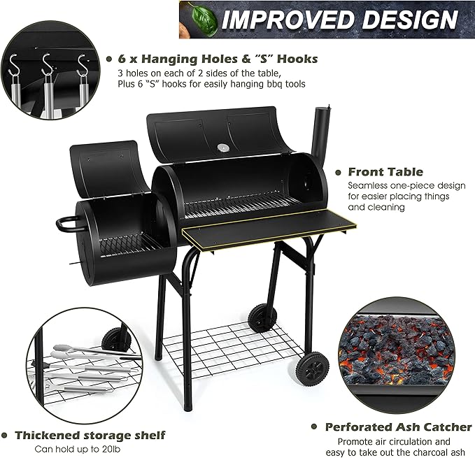 Joyfair Charcoal Grill with Offset Smoker, Camping Barbecue Grill with Side Fire Box for Outdoor BBQ Smoking/Backyard Party Grilling, Thick Iron Steel & Dual Chamber Design, Thermometer & Chimney
