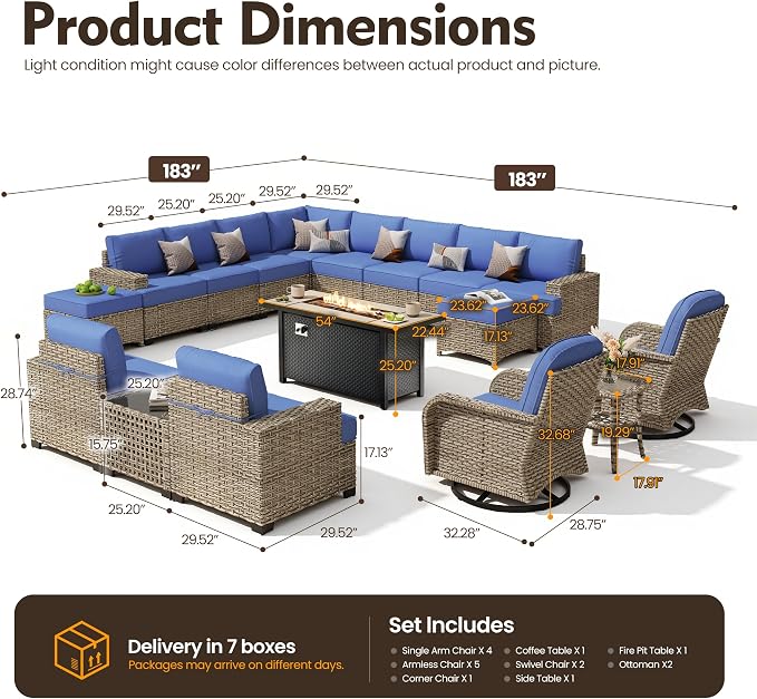 HOOOWOOO Sectional Patio Furniture Set with Fire Pit Table,17 Pieces Wicker Outdoor Furniture L Shaped Couch,Outside Conversation Set Extra Deep Sofa Wide Arm Swivel Chairs Ottoman Light,Navy Blue