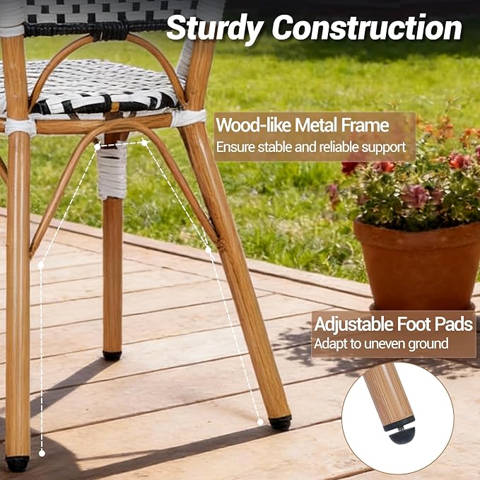 3-Piece Patio Dining Set, Outdoor French Country Bistro Table and Chairs, All-Weather Wicker Square Table & 2 Chairs w/Metal Frame, for Backyard Balcony, Black/White