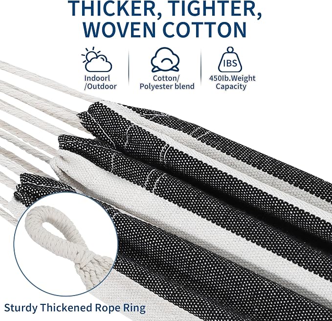 GarveeHome Double Hammock with Stand - Heavy Duty 450lbs Capacity, Portable Cotton Hammock for Two Adults, Indoor & Outdoor Use with Travel Bag, Black&White Stripe Pattern