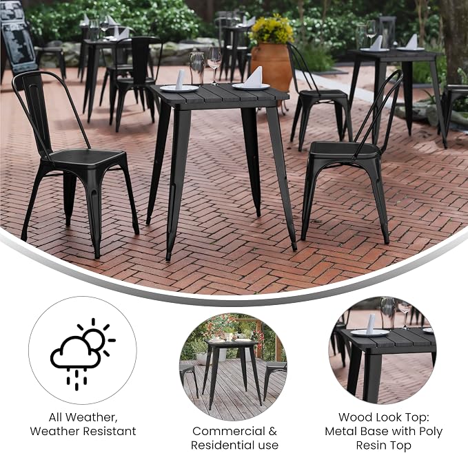 EMMA + OLIVER Drew Dining Table - Black 23.75" Square Poly Resin Table Top - Black Steel Base - All-Weather for Indoor/Outdoor Use