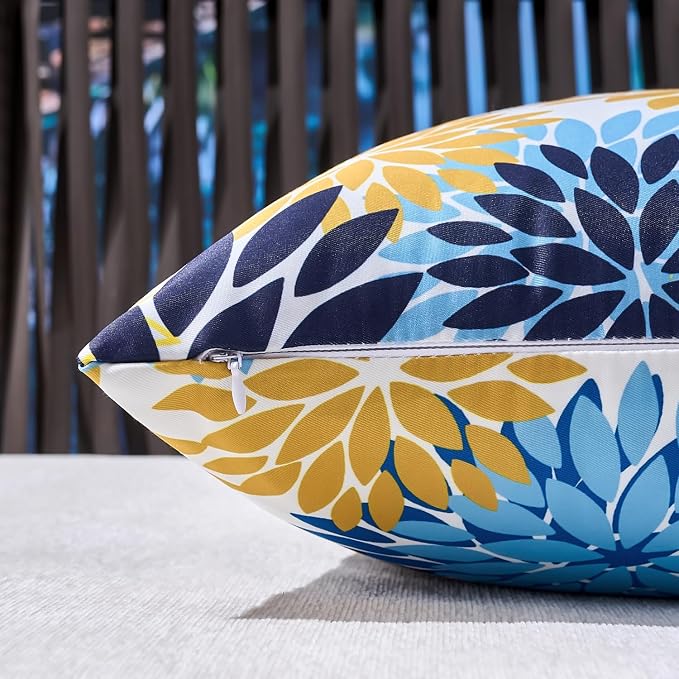 Dahlia Throw Pillow Covers 12x20 Inch Set of 2 Outdoor Pillows Waterproof Cushion Covers Decorative Pillowcases Blue and Yellow Square for Living Room Patio Garden Funiture