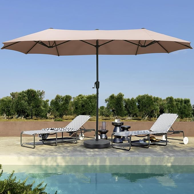 13 ft Patio Umbrella with Base, Large Rectangle Outdoor Umbrella with Matching Stand, Strap, Crank, Khaki