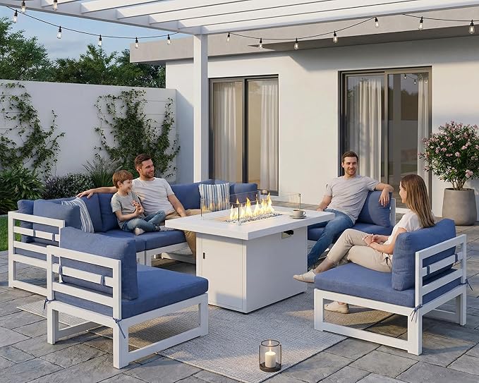 NICESOUL 7 Piece Modern Aluminum Patio Furniture Set with Fire Pit Table, 500 lbs Heavy Duty Outdoor Sectional Sofa, 29" Deep Wide Oversized Seating Conversation Couch for Garden Exterior, Denim Blue