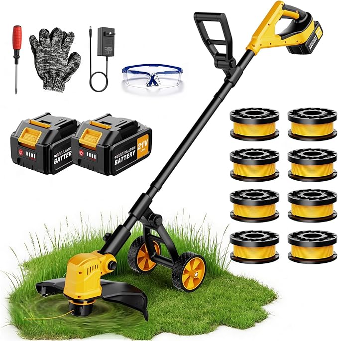 Electric String Trimmer, 14-Inch 2x3.0Ah 21V Battery Powered Weed Eater, Electric Lawn Mower Weed Wacker with Wheels, Brush Cutter Grass Trimmer for Garden Yard