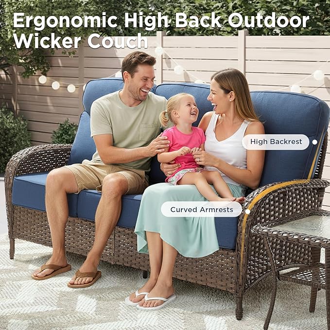 3 Pieces Luxury Patio Furniture Sofa Set with 6-Inch Thick Cushions, Outdoor Wicker Patio Furniture Covered Couch with Multifunctional Ottoman, Patio Conversation Set for Porch Garden, Blue