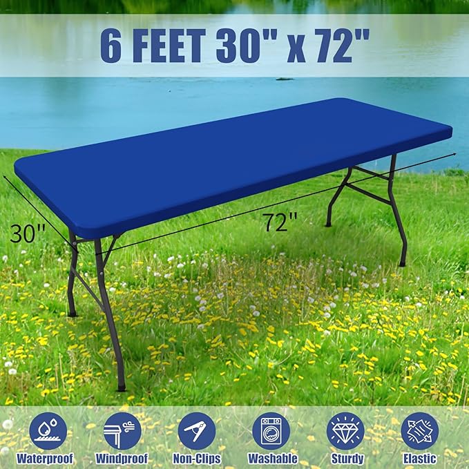 Moosfor Spandex 6 Foot Rectangle Table Cloth 2 Pack, Elastic Fitted Tablecloths for Picnic, Stretch Washable Patio Table Cover for Outdoor, Camping, Banquet and Parties (Blue, 30"x72")