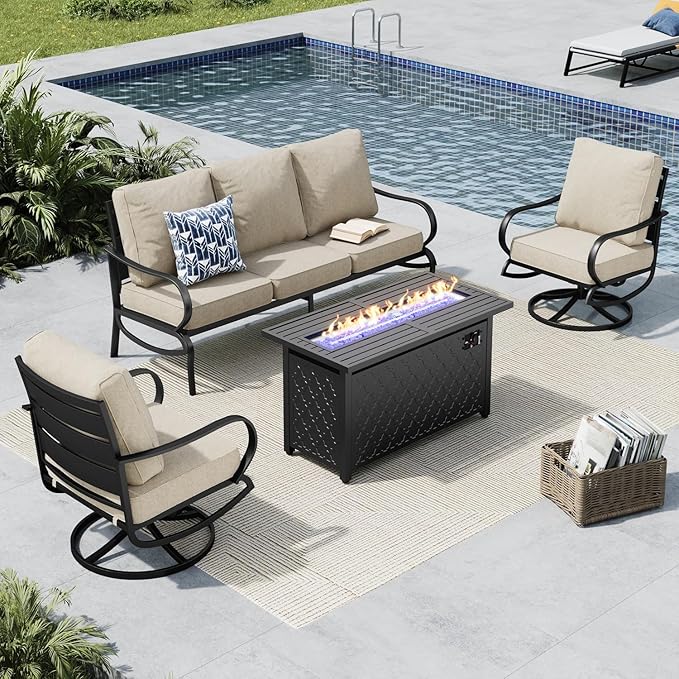 MFSTUDIO 4 Pieces Patio Conversation Sets, All Weather Metal Frame Outdoor Furniture Set Patio Sofas with 1 x 45 Rectangular Propane Fire Pit Table, 1 x 3-Seat Sofa, 2 x Swivel Chairs, Beige Cushion