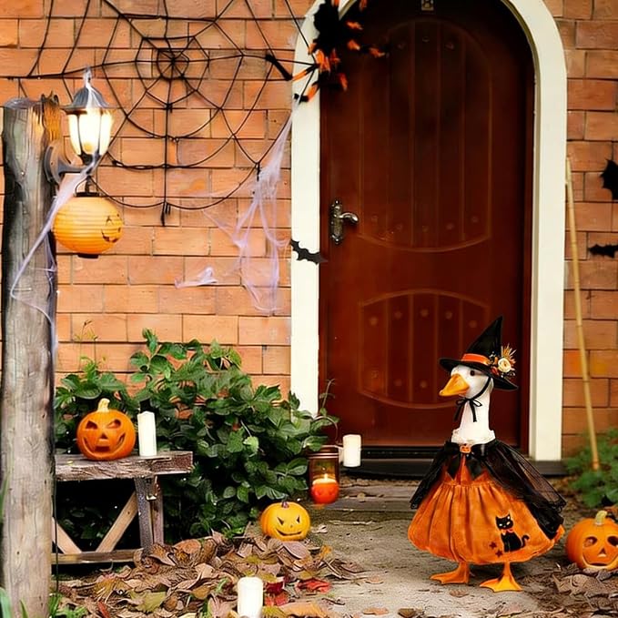 Halloween Porch Goose Outfit 23 Inch Porch Goose Clothes for Holiday | Pumpkin Dress Cape Witch Hat, Thanksgiving Goose Outfit, Christmas Goose Clothes, Holiday Costume for Lawn Geese Status