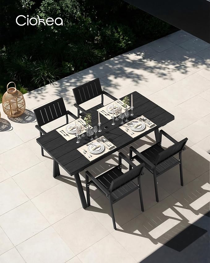 Ciokea Aluminum Outdoor Dining Sets for 4, Patio Table and Stackable Chairs Set with Umbrella Hole, All-Weather HDPS Durable Furniture for Backyard, Poolside, Lawn & Garden | 5-Piece, Black