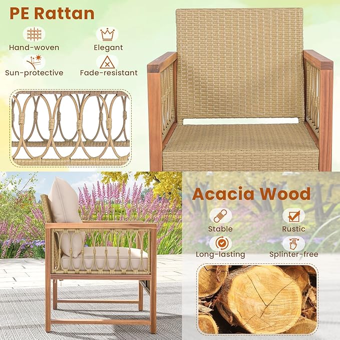 Tangkula 4 Pieces Patio Furniture Set, Outdoor PE Wicker Conversation Bistro Set with Acacia Wood Frame, Cushions and Tempered Glass Coffee Table for Porch, Balcony, Deck and Backyard (Beige)