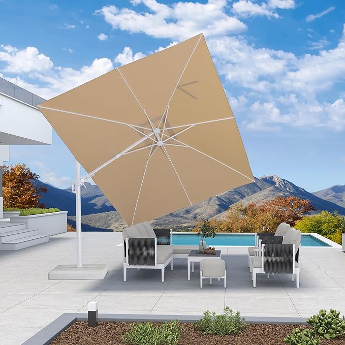 PURPLE LEAF 10 FT Right-left Tilt White Cantilever Umbrella with Base Patio Outdoor Swivel Umbrellas with Aluminum Tilt Offset Umbrella with 360° Rotation for Deck Pool, Beige