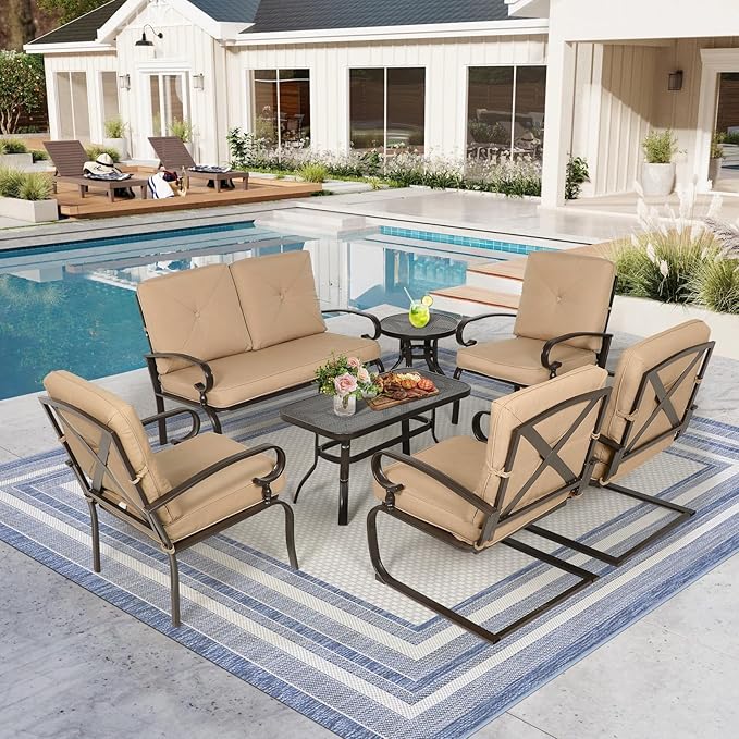 Oakcloud 7Pcs Metal Outdoor Furniture Patio Conversation Set (Loveseat, Coffee Table and Bistro Table, 2 Spring Chair, 2 Dining Chair) -Wrought Iron Patio Chair Set with Cushions (Brown)