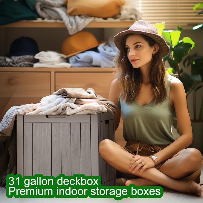 Resin Deck Box, Lockable Patio Outdoor Storage Box for Furniture, Garden Tools and Tools Storage, Waterproof Outside Storage Boxes (Grey, 31 Gallon)