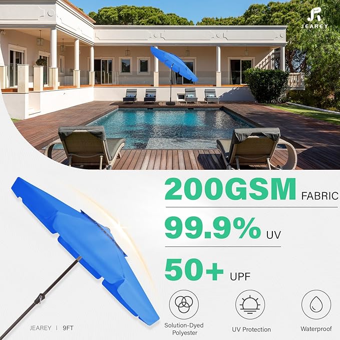 JEAREY 9' 2-Tiers Patio Umbrellas Outdoor Market Table Umbrella w/Push Button Tilt/Crank, 8 Sturdy Ribs, UV Protection Waterproof Sunproof(Royal Blue)