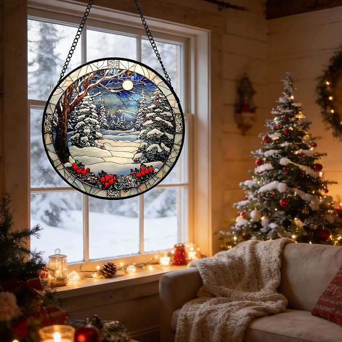 DASTOLL Stained Glass Window Hanging Christmas Tree Winter Snow Night Scenery 6.3" - Suncatcher Door Garden Kitchen Sun Catcher Home Decor Birthday for Mom Men Woman Friend