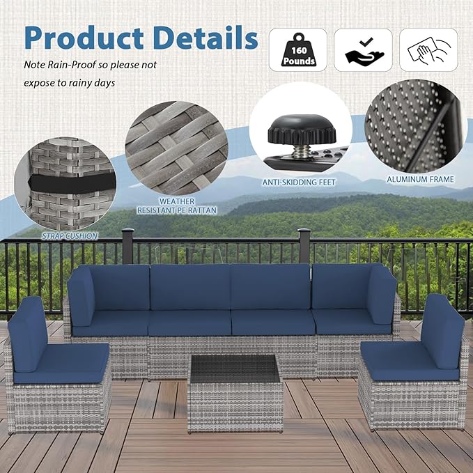 AECOJOY 7 Piece Outdoor Patio Furniture Set, Outdoor Sectional Conversation Furniture Chair with Coffee Table, Patio Sectional for Backyard, Garden(Navy Cushions and Grey PE Rattan)