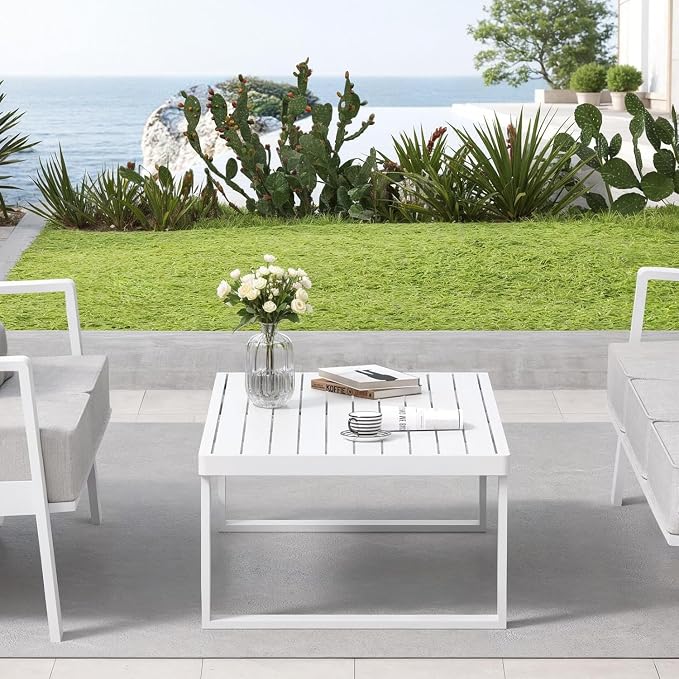 Aluminum Outdoor Patio Coffee Table for Deck and Poolside(White, All-Aluminum)